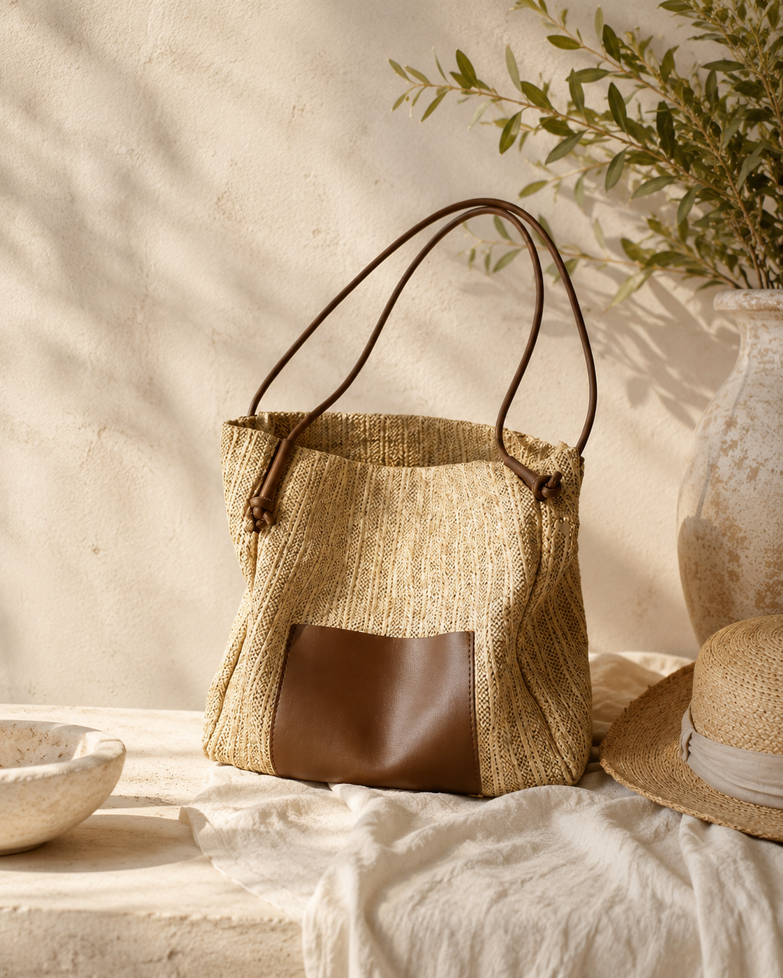 Bolso Tote de Rafia con Detalle en Cuero | Maison Lúa