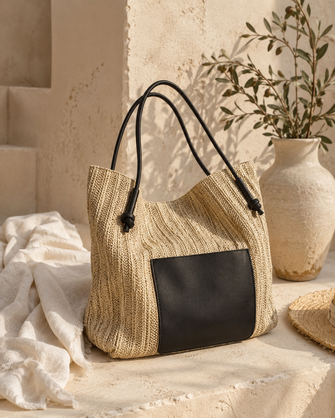 Bolso Tote de Rafia con Detalle en Cuero | Maison Lúa